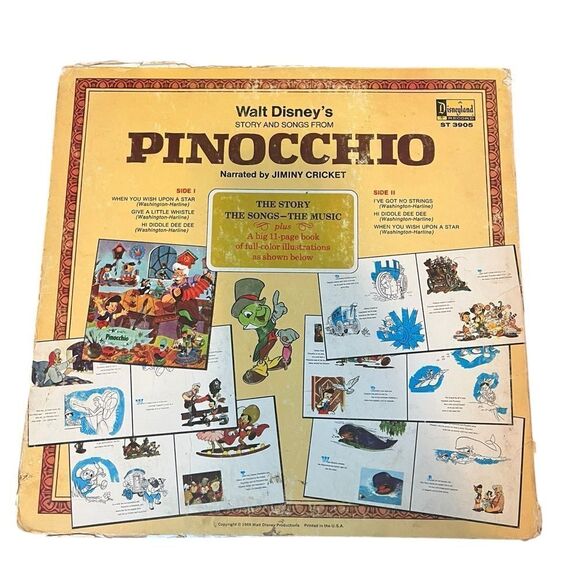 VINTAGE DISNEY PINOCCHIO VINYL RECORD LP 12” JIMINY CRICKET STORY & SONGS 1960’S - Picture 3 of 7